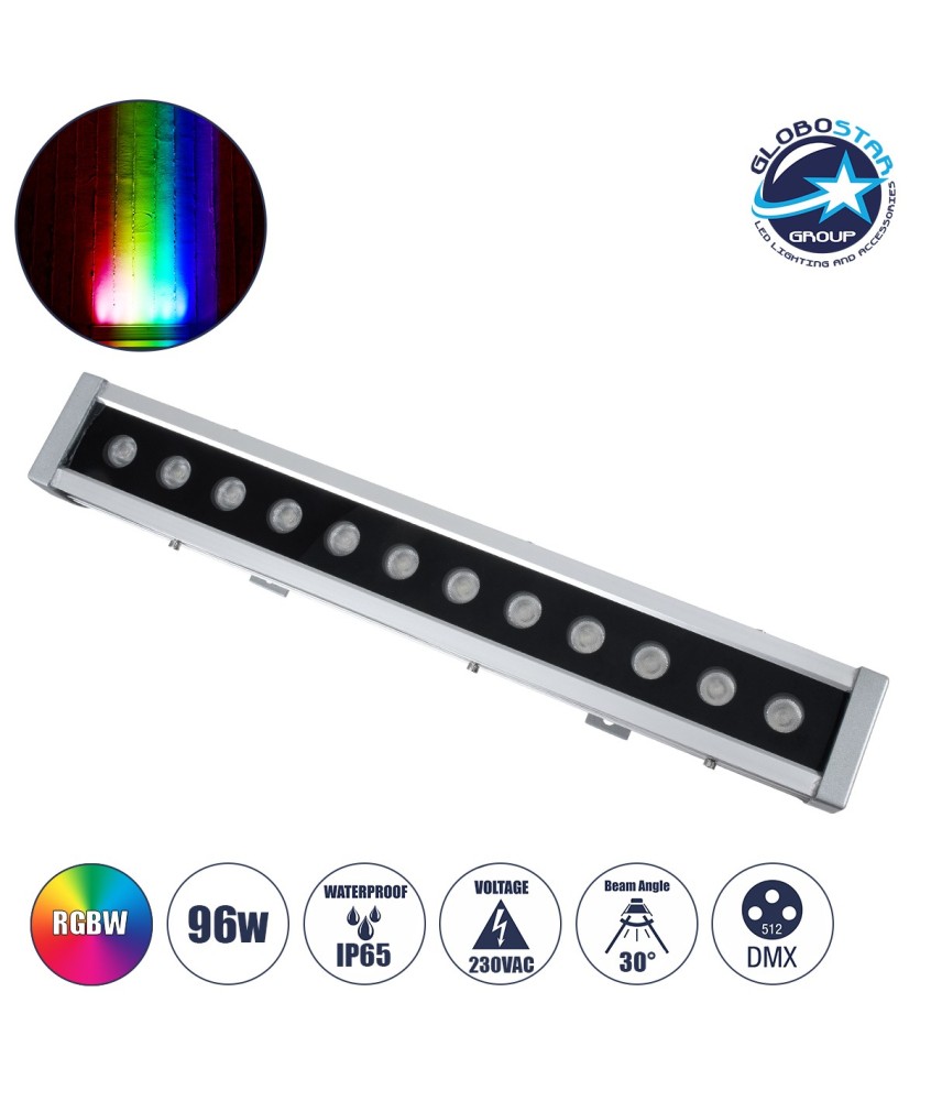 GloboStar® WASHER-DAIA S-90997 Μπάρα Φωτισμού Wall Washer LED 96W 10080lm 30° AC 230V Αδιάβροχο IP65 Μ52 x Π7.5 x Υ7cm Πολύχρωμο 4in1 RGBW DMX512 Display on Body - Ασημί